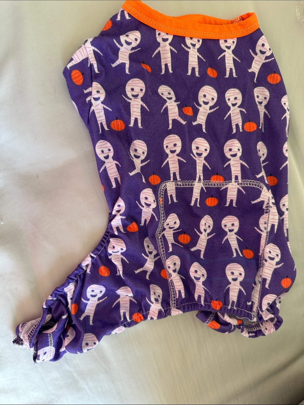 Purple Halloween Mummy Print Dog Pajama with Orange Trim